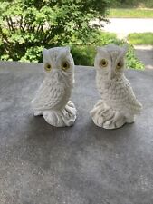 Set of 2 Vintage White Alabaster Stone Horned Owl Figurines Yellow Eyes Italy picture