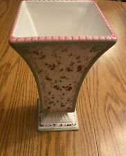 9” LAURA ASHLEY FLORAL PATTERN VASE, purple & pink flowers, pink & green trim picture