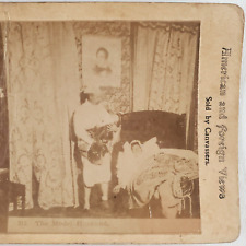 Model Husband Holding Baby Stereoview c1890 Sleeping Woman Bedroom Photo D607 picture