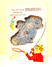 Vintage Hallmark Unused Fishing Maze Puzzle Greeting Card NOS Father's Day picture
