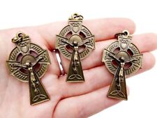 Lot of 3 Bronze Toned Engraved Celtic Cross Medal Crucifix Pendants for Rosaries picture