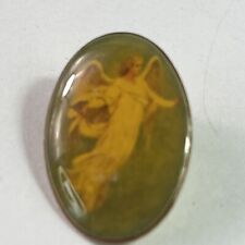 Vintage Victorian Guardian Angel Flying Oval Religious Epoxy Resin Lapel Pin picture