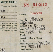 Dodge Special Coupe 1926 Car Certificate c1936 Denver Colorado Antique Paper B84 picture