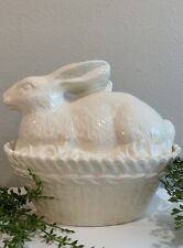 Vtg Ceramic White Bunny Rabbit On Basket Weave Lidded Soup Tureen Covered Dish picture