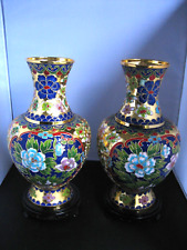 Pair vintage Chinese hand made copper cloisonné enamel vases & stands picture