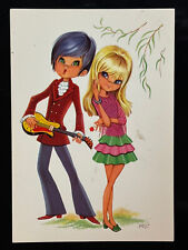 1960s Big Eye Mod Teenagers Les Paul Guitar Boy Cute Go Go Girl Vintage Postcard picture