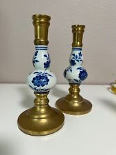 VTG Pair Solid Brass and Porcelain Candlesticks 7.5
