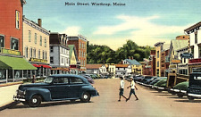 1930s WINTHROP MAINE MAIN STREET BUSINESS DISTRICT UNPOSTED LINEN POSTCARD P567 picture