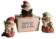 Vtge.70’s~Homco Smiling Bearded Christmas Elf, Ceramic Set(3)~5406~Excellent picture