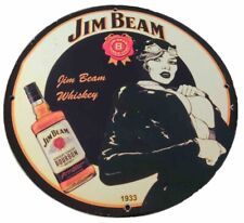RARE JIM BEAM PORCELAIN PINUP GIRL STYLE WHISKEY GAS OIL GARAGE PUMP PLATE SIGN picture