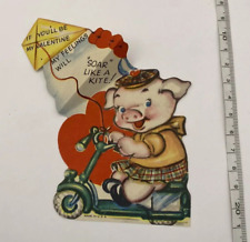Antique kitschy valentine card pig on bike with kite usa 1940s  picture