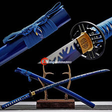 All Blue Katana Handmade 1095 Carbon Steel Sharp Japanese Samurai Pratical Sword picture