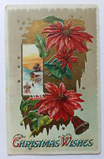 Antique 1918 Christmas Wishes Winter Scene Poinsettias Flowers & Bell Postcard picture