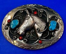 Horse Head Turquoise & Coral Stones Mounted In Vintage Native Style Belt Buckle picture