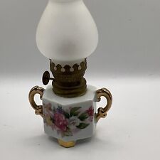 Miniature Porcelain Oil Lamp With Gold Trim And Frosted Shade picture