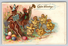 Anthropomorphic Rabbit Rooster Band Chicks Dance Easter Eggs Fantasy Antique PC picture