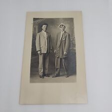 Old 1900's RPPC Postcard Two Men in Suits Hats Posing Antique Studio picture