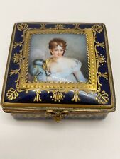 ANTIQUE FRENCH PORCELAIN  COBALT WITH SIGNED PORTRAIT TRINKET BOX SEVRES STYLE picture