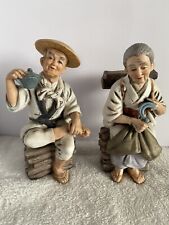 Japanese Ceramic Vintage Figurines Old Lady Old Man Pristine Condition picture
