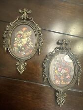 Two Vintage Brass Ornate Made in Italy Oval Flat Glass Frame Floral Print 6x4” picture