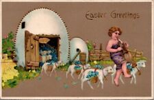Antique Postcard Easter Greetings Victorian Pied Piper Lambs Barnyard c1910 picture