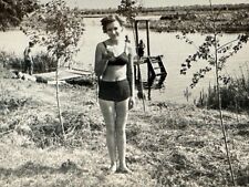 1950s Pretty Slender Woman Bikini River Beach Portrait Vintage B&W Photo picture