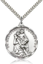 Large Saint Christopher Medal For Men 925 Sterling Silver Necklace 24 Chain picture