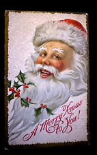 Happy Jolly ~Santa Claus with Holly~Antique Christmas   Postcard~h871 picture