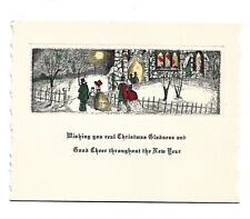 Vtg. Christmas Card Etched Victorian Attend Church Fence Yellow Moon 1927 w/ Env picture