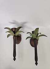 2 Palm Tree Heavy Metal Brass Wall Sconce Candle Vintage Hollywood Regency Style picture