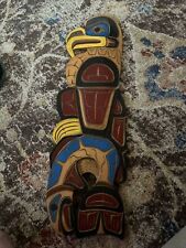 Squamish Nation BC Native Indian Carved Wood Bald Eagle & Salmon Totem 23” X 7” picture