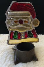 VTG CHRISTMAS CAST IRON SANTA CLAUS STAINED GLASS TEA LIGHT CANDLE HOLDER picture