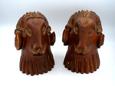 VTG  Mid Century Modern Carved Wood Ram Head Gazelle Bookend Art Sculpture picture