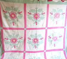 Vtg Quilt Hand Appliqued Quilted Flower Leaves Green Pink 76 x 82 in Scallop picture
