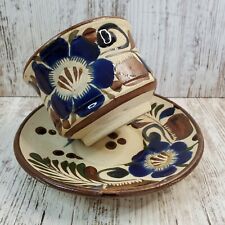 Vintage Tonala Sandstone Mexican Pottery Glazed Design Cup & Saucer Set Signed picture