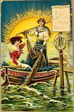 New Year Pretty Ladies Fish from Boat at Sunrise Gold Antique Postcard c1910 picture