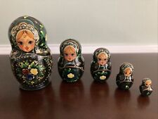 5 Russian Nesting Dolls Matryoshka Wood Wooden Set Green Gold Sparkle Signed picture