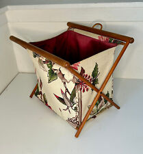 Vintage MCM Folding Sewing Knitting Stand Caddy Bag Floral Wood Frame Barkcloth picture