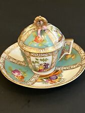 Antique Small Covered Teacup And Saucer Dresden Handpainted Quatrifoil Lid picture