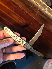 Vtg RARE Made in Germany Faux Bone Hndl w ELK 2-Bld Pocket Knife TIGHT No Wobble picture