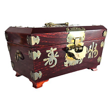 Vintage Chinese Lacquered Wood Brass Jewelry Box Fish Lock And Key 9