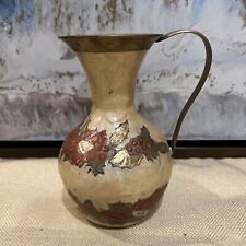 Vintage Enameled Brass Jug Floral Pitcher Pearlescent Cream Poinsettia Flower 6” picture