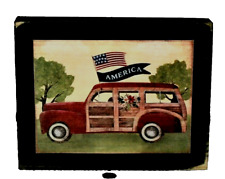 Patriotic Americana Woody Wagon Flag Farmhouse Sign Block Shelf Sitter 3.5X4.5 picture