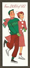 Unused '60s Couple Ice Skating ~Flocking ~Red Glitter ~ Vtg NORCROSS Xmas Card picture