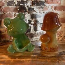 Vintage 1970s Ceramic Mushroom & Frog Salt & Pepper Shakers Japan 5” picture