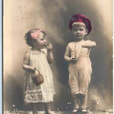 c1900s Cute Little Girl & Boy Eating RPPC Hand Colored Max Ettlinger Photo A148 picture