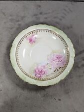 Lefton Handprinted Green Pink Roses Trinket Dish Bowl Gold Trim 7