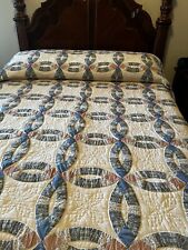 Vintage Pieced Wedding Ring Queen Quilt, Peach, Blue and Cream picture