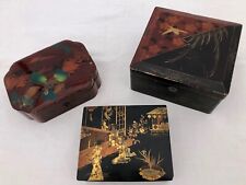 Set of Three French Lacquered Boxes in Black, Red with Gilt Birds and Scene picture