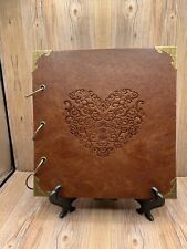 Vtg 10x10 Brown Leather 3 Ring Binder Photo Album with Heart Brass Corners Only picture